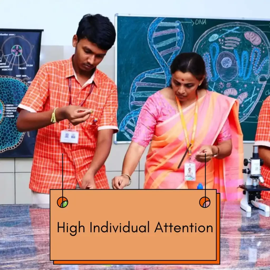 Teacher assisting a student with a science activity; label reads ‘High Individual Attention.