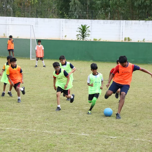 Children playing soccer on a grassy field.