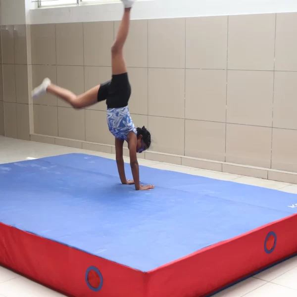 Child practicing a handstand on a padded gym mat.