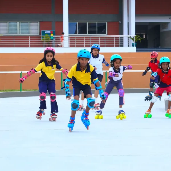 A child practicing gymnastics on a mat and a group of children roller skating on an outdoor track.