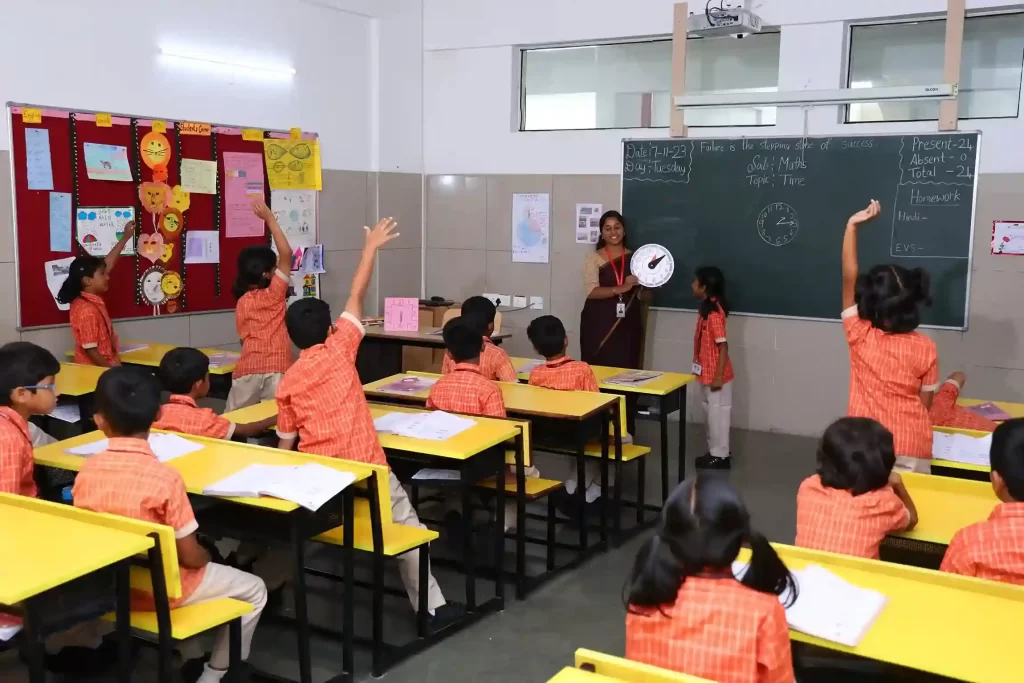 A classroom with students at yellow desks, some raising hands, and a teacher near the blackboard, with a decorated wall in the background.