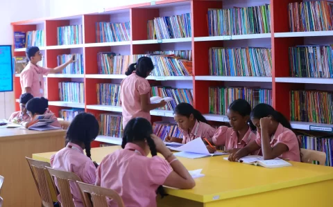 Students at Vishwa Vidyapeeth, one of the top 10 ICSE schools in Bangalore, studying and organizing books in a vibrant library setting.