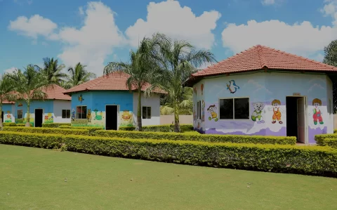 Vishwa Vidyapeeth School gazebo and colorful circular classrooms with children's murals, surrounded by greenery and palm trees under a blue sky.