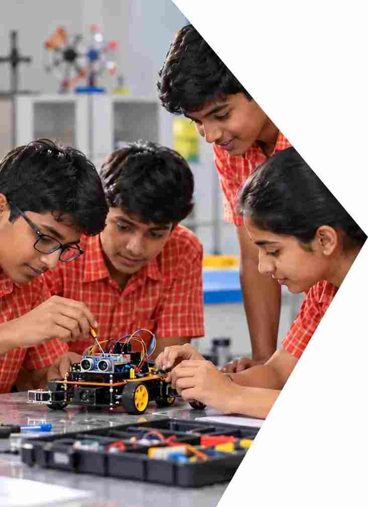 Students participating in a hands-on robotics activity in a school STEM lab